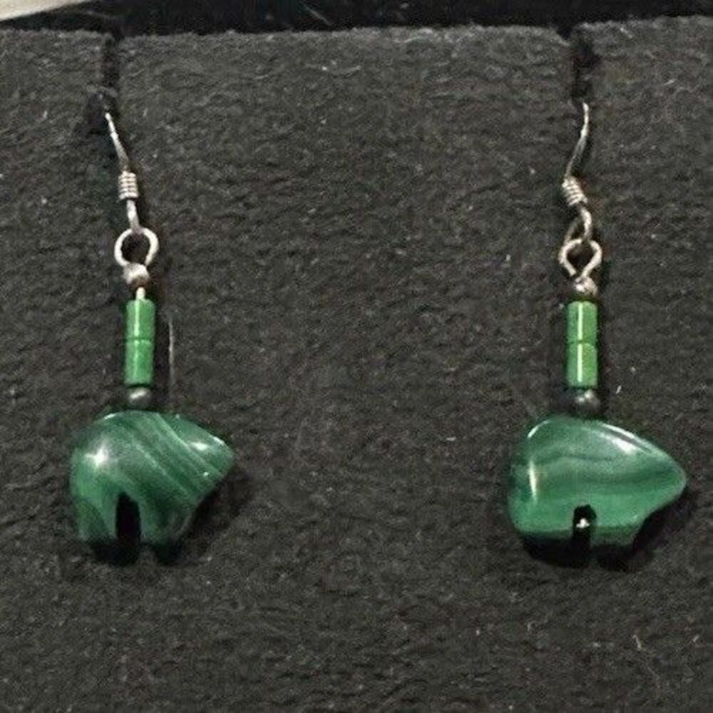 Sterling Silver Native American Earrings Green Malachite Bear Zuni Drops Hook